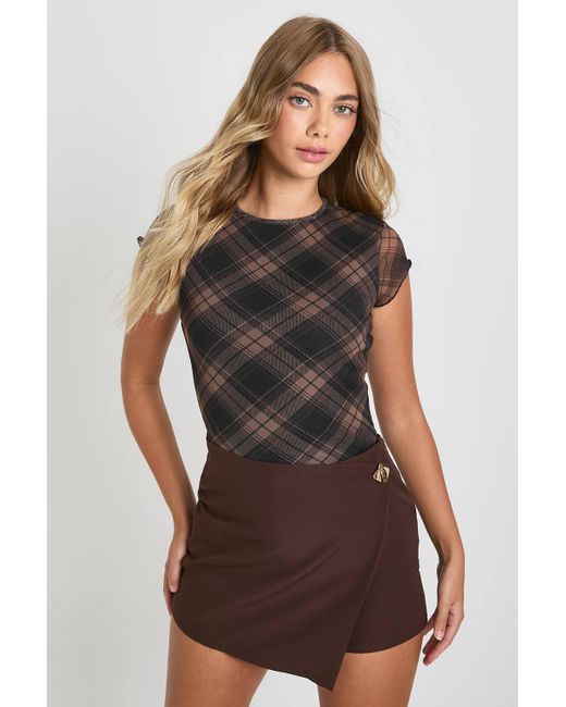 Boohoo Brown Trim Wrap Front Mini Skort