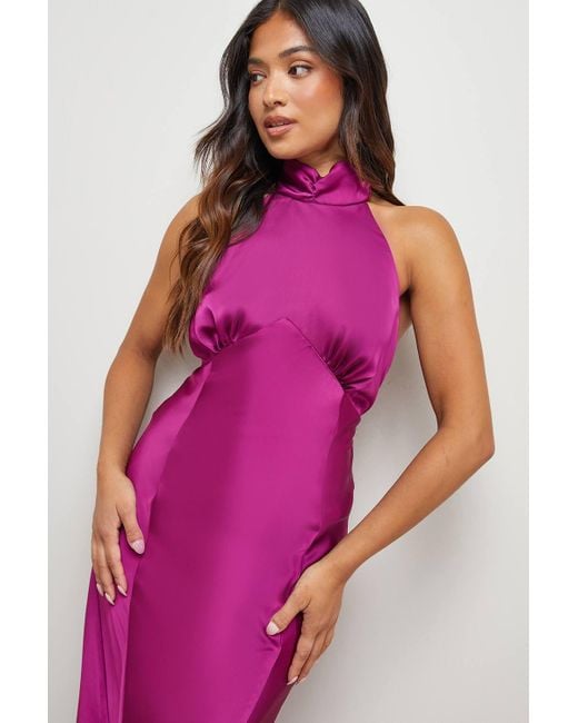 Oasis Pink Petite Satin Halterneck Bias Midi Dress
