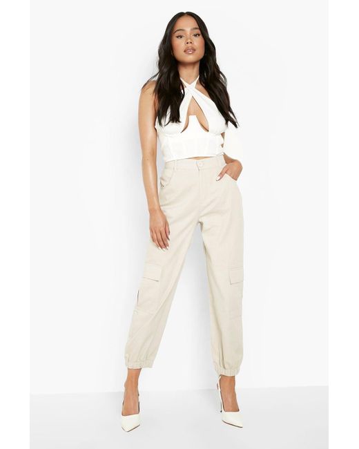 Boohoo Petite Woven Cargo Pocket Detail Trouser in Beige (Natural) Lyst