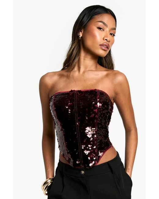 Boohoo Women's Black Premium Sequin Lace Up Back Corset Top