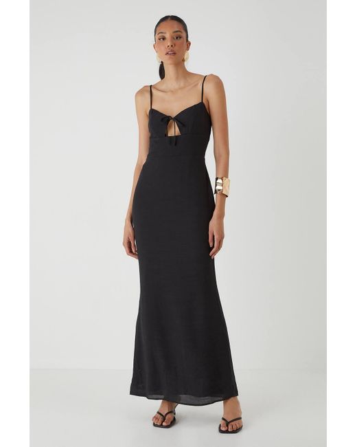 MissPap Women's Black Linen Look Tie Bust Maxi Dress