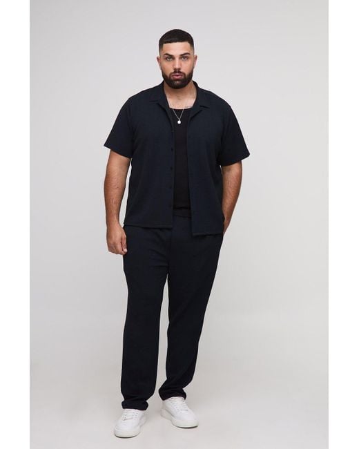 Boohoo Blue Plus Herringbone Jersey Regular Shirt And Tapered Trouser Set
