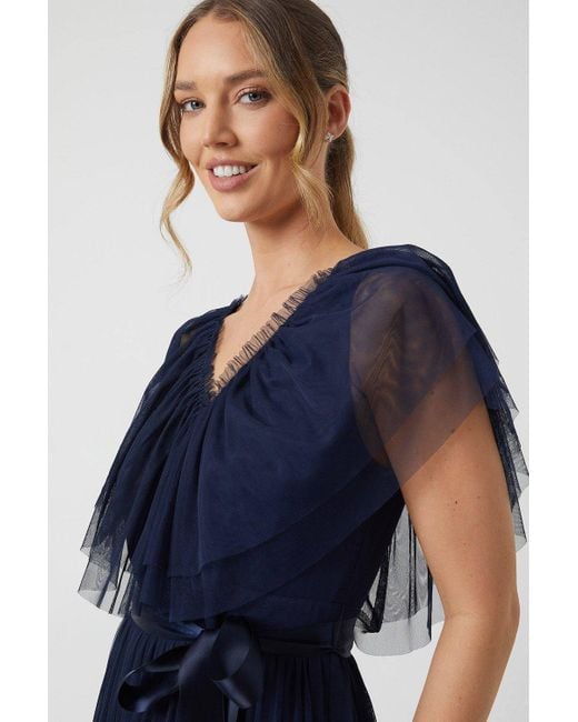 Coast Blue V Neck Frill And Ribbon Detail Tiered Bridesmaid Midi Dress