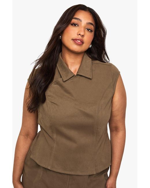 Boohoo Brown Plus Cotton Twill Cap Sleeve Wrap Over Top