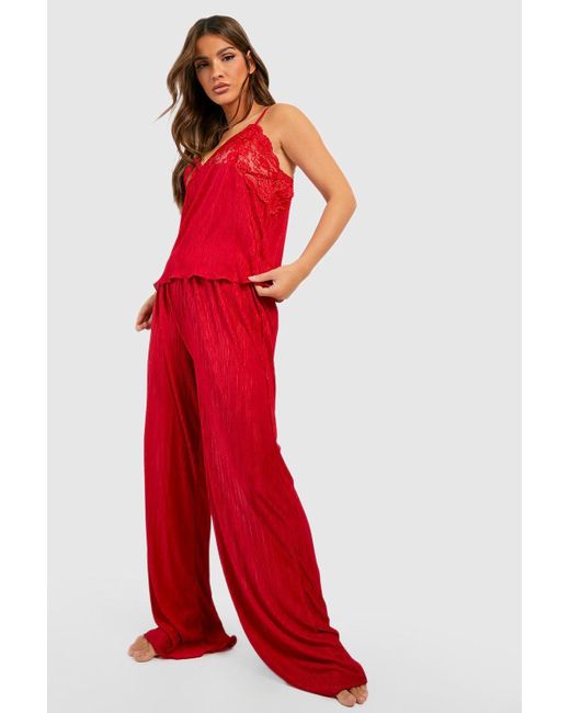 Boohoo Valentines Plisse Lace Detail Pajama Cami & Pants Set in Red | Lyst