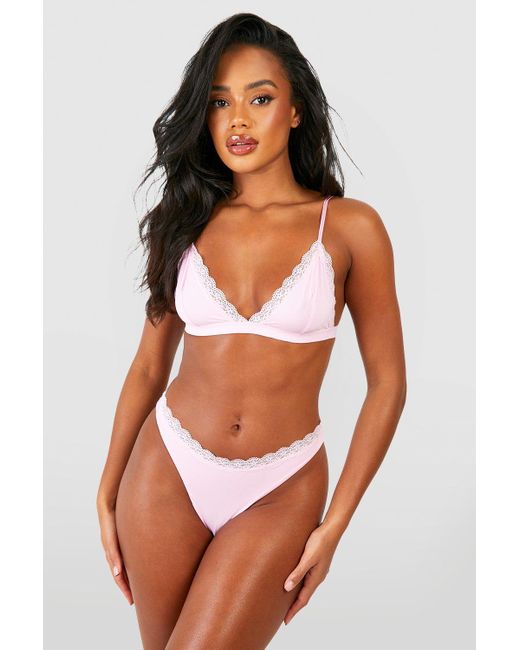 Boohoo Pink Lace Trim Seamless Bralet And Brief Set