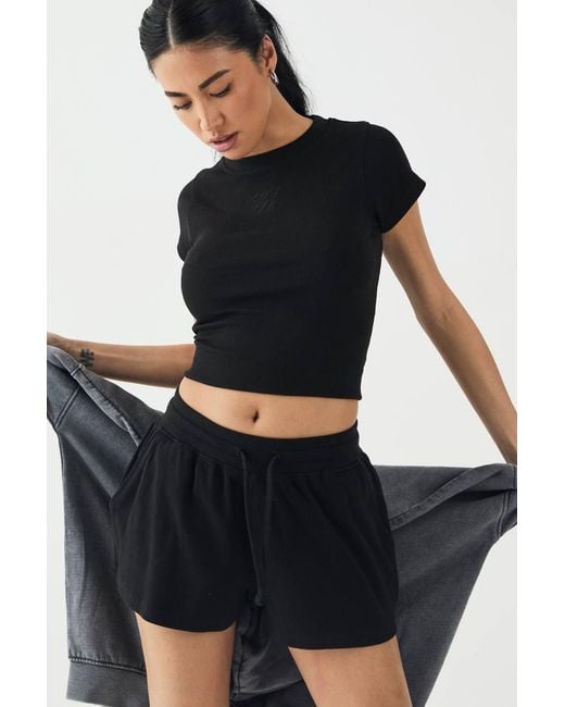 DSGN Studio Black Square Script Embroidered Rib Fitted Top