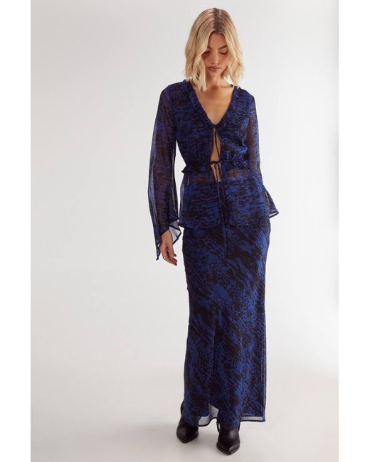 Nasty Gal Blue Snake Crinkle Chiffon Ruffle Fluted Sleeve Tie Front Top