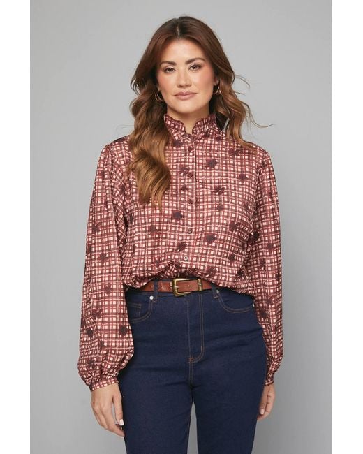 Wallis Red Flannel Ruffle Collar Button Blouse