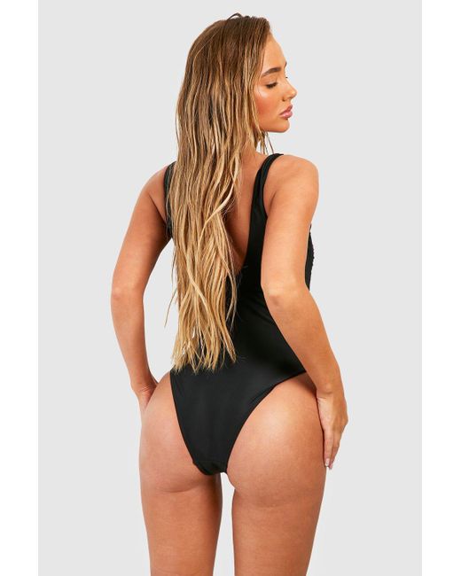 Boohoo Black Tummy Control Ruched Scoop Bathing Suit