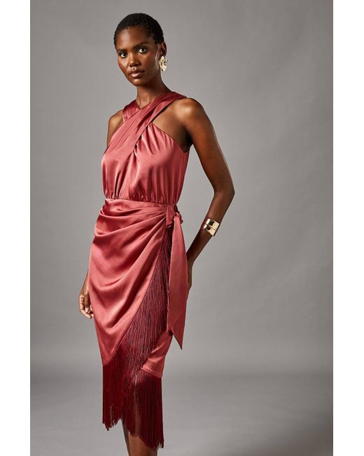Coast Red Cross Neck Wrap Skirt Fringe Midi Dress