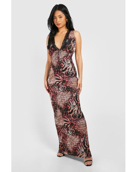 Boohoo Natural Petite Animal Lace Tie Front Plunge Mesh Maxi Dress