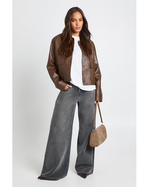 Boohoo Brown Collared Button Up Pu Jacket