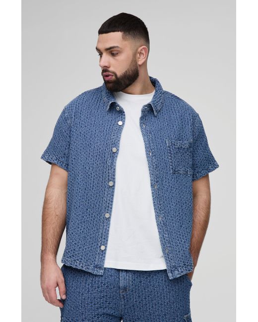 Camisa Plus Sobrecamisa Vaquera Recta Texturizada Boohoo de color Blue