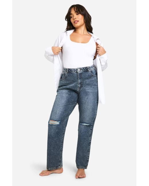 Boohoo Blue Plus Basics High Waisted Straight Leg Ripped Knee Jeans