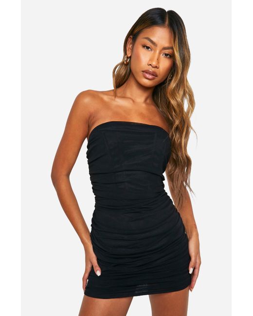 Boohoo Black Mesh Bandeau Ruched Mini Dress