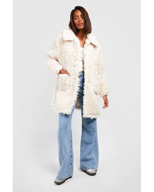 Boohoo Plus Textured Faux Fur Jacket in Natural