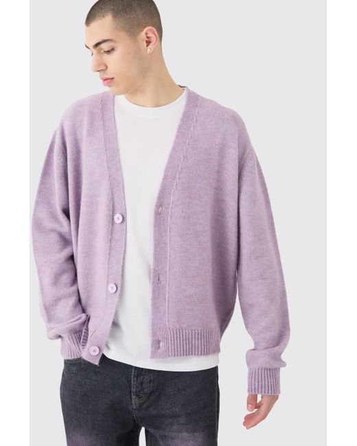 Boohoo Purple Boxy Brushed Knit Cardigan In Lilac