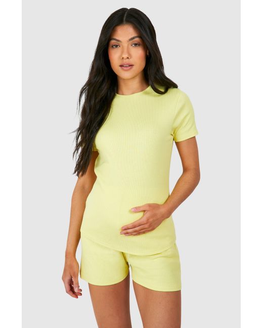 Boohoo Yellow Maternity Rib Lounge T-shirt And Short Set