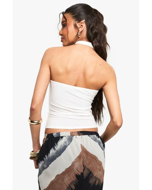 Boohoo White Double Layer Slinky Ruched Bust Halter Top