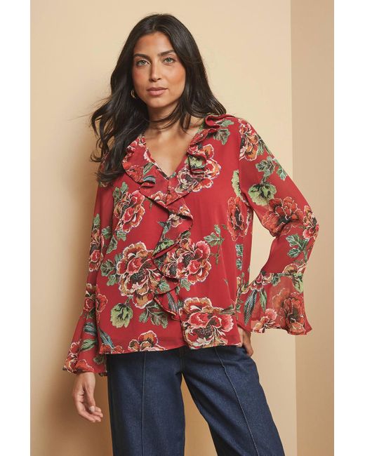Wallis Blue Floral Print Ruffle Detail Blouse