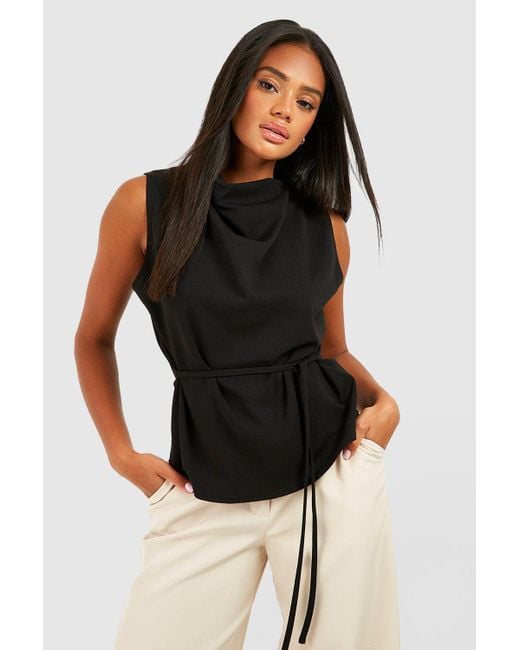 Boohoo Black Jersey Crepe Cowl Neck Belted Blouse