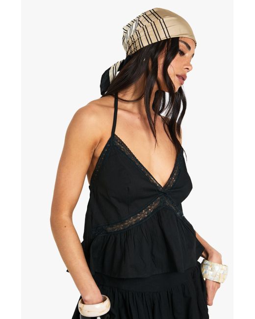 Camisola De Tela Con Ribete De Encaje Boohoo de color Black