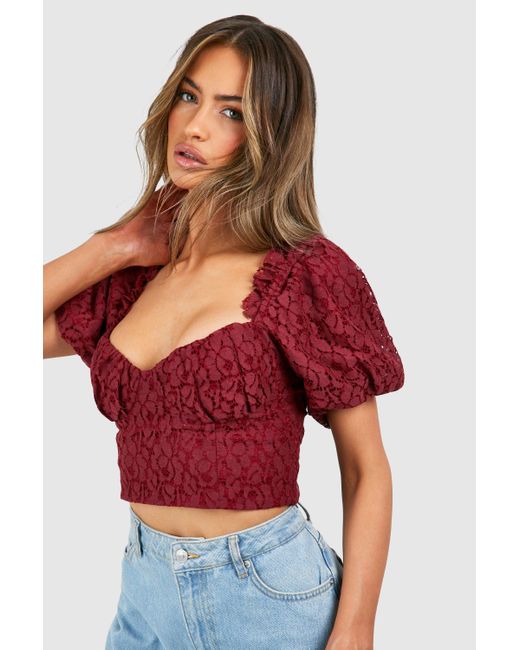 Boohoo Red Lace Puff Sleeve Corset