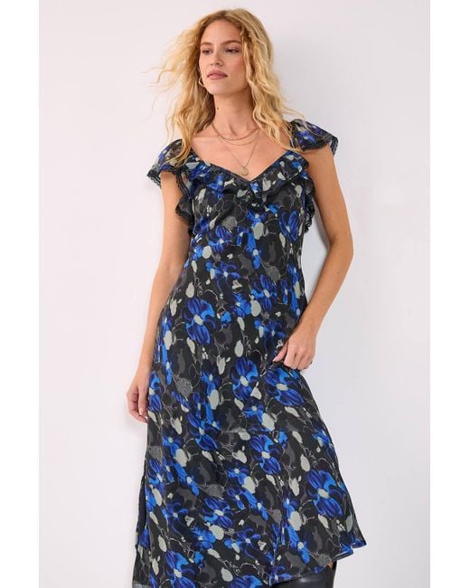 Nasty Gal Blue Floral Chiffon Lace Trim Cap Sleeve Maxi Dress