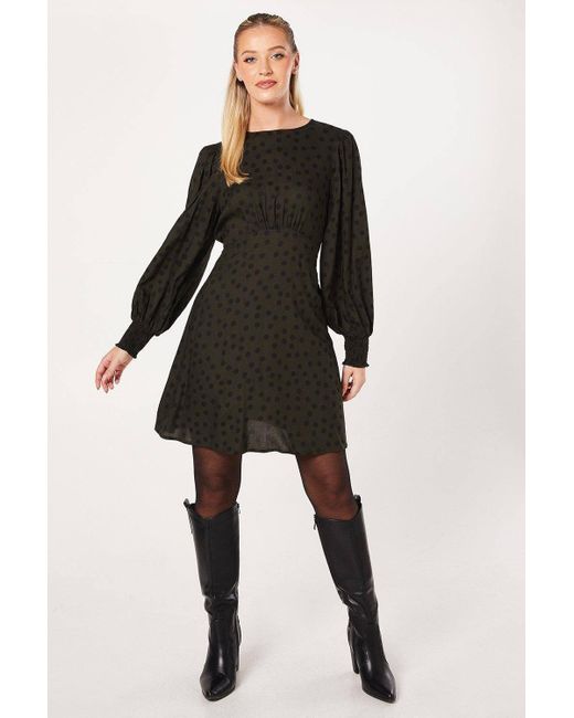Dorothy Perkins Black Khaki Spot Shirred Cuff Mini Dress