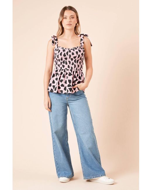 Dorothy Perkins Blue Heart Print Tie Shoulder Shirred Bodice Peplum Jersey Top