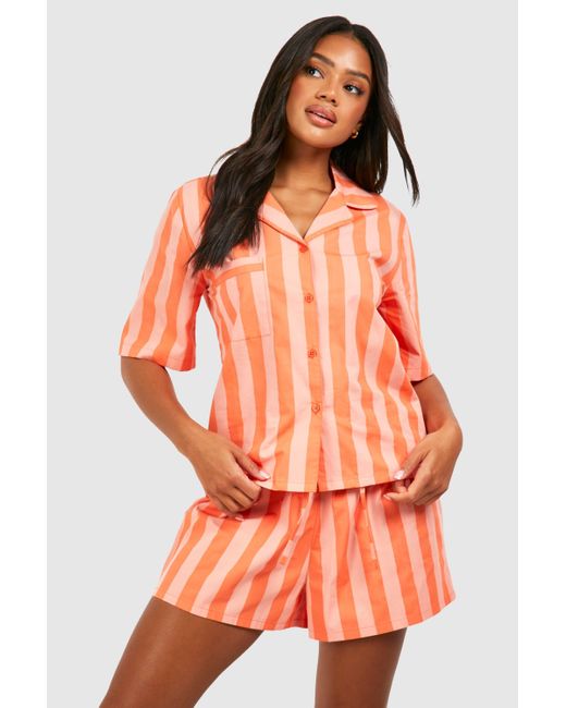 Cotton Poplin Tonal Stripe Shorts Boohoo de color Orange