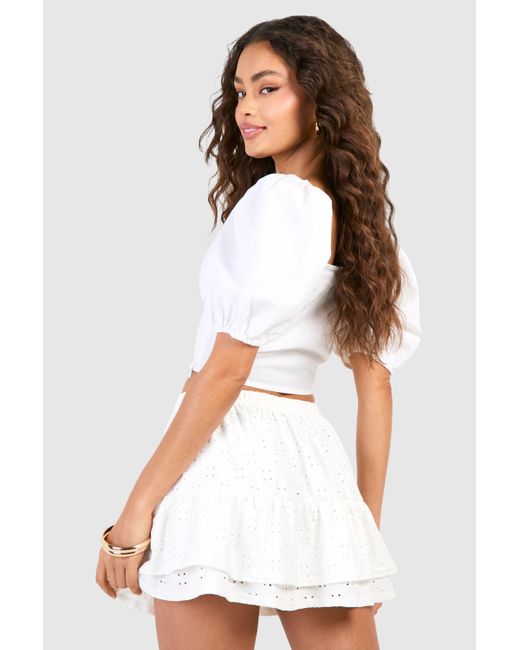 Boohoo White Eylet Lace Low Rise Tiered Frill Mini Skirt