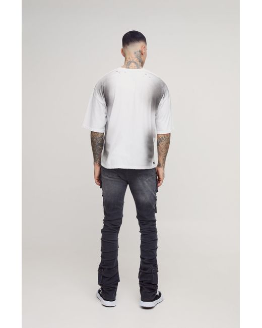 BoohooMAN Black Tall Stacked Multi Cargo Pocket Flared Jeans for men