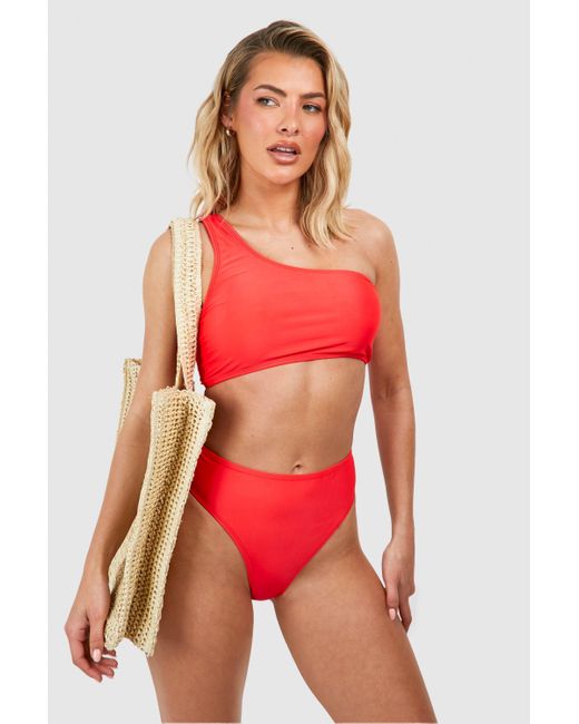 Boohoo Red One Shoulder Hipster Bikini Set