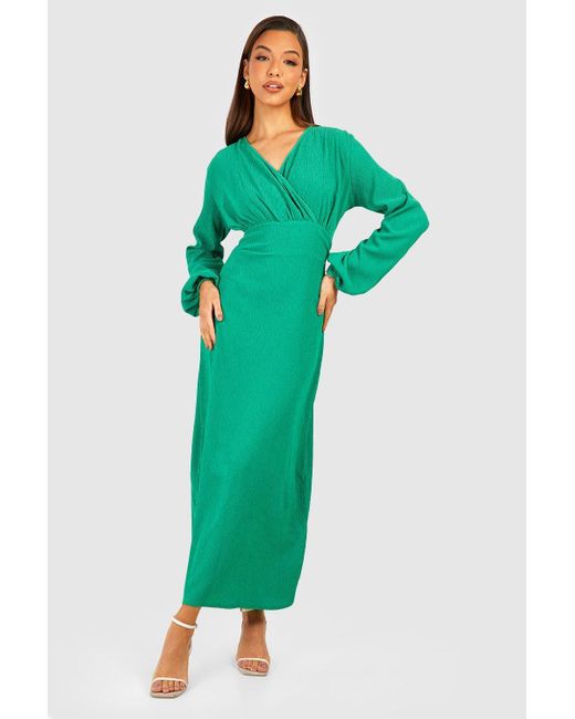 Boohoo Green Textured Drape Blouson Sleeve Wrap Dress