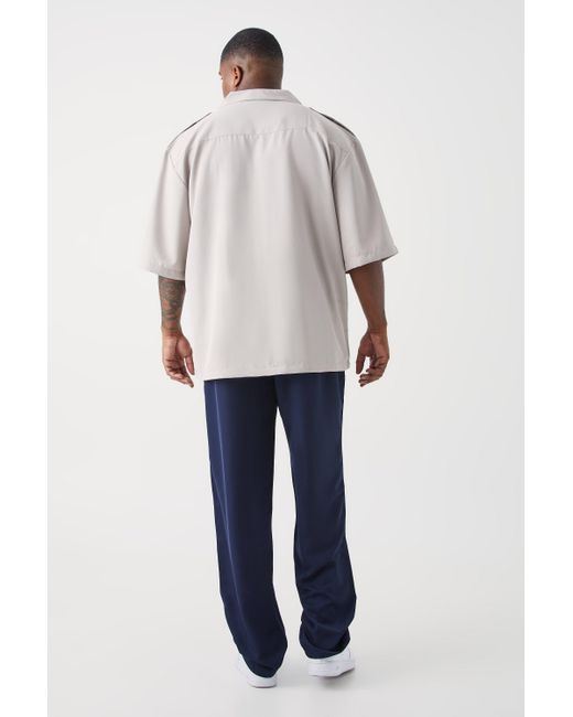 BoohooMAN Blue Plus Utility Drop Shoulder Twill Shirt & Pintuck Trouser Set for men