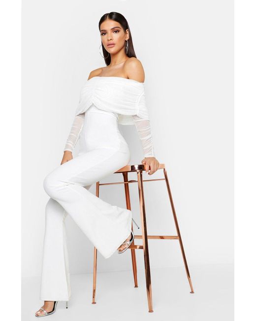 Boohoo White Mesh Off The Shoulder Ruched Jumpsuit