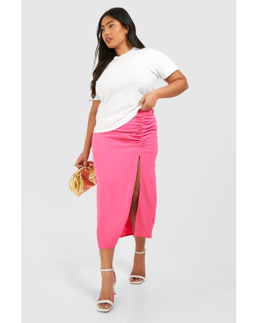 Boohoo Pink Plus Textured Woven Ruched Side Split Midaxi Skirt