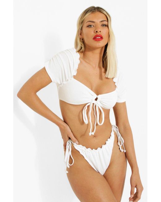 Boohoo Fuller Bust Textured Gather Front Bikini Top in White - Lyst