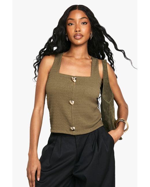Boohoo Black Textured Square Neck Button Detail Top