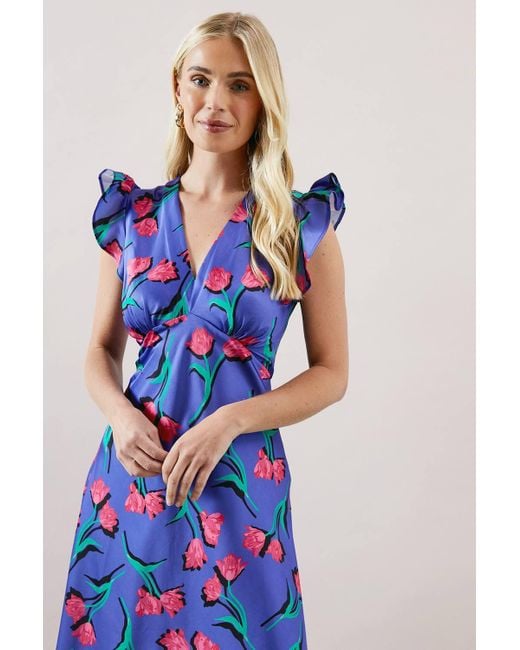 Wallis Blue Petite Bias Cut Satin V Neck Dress