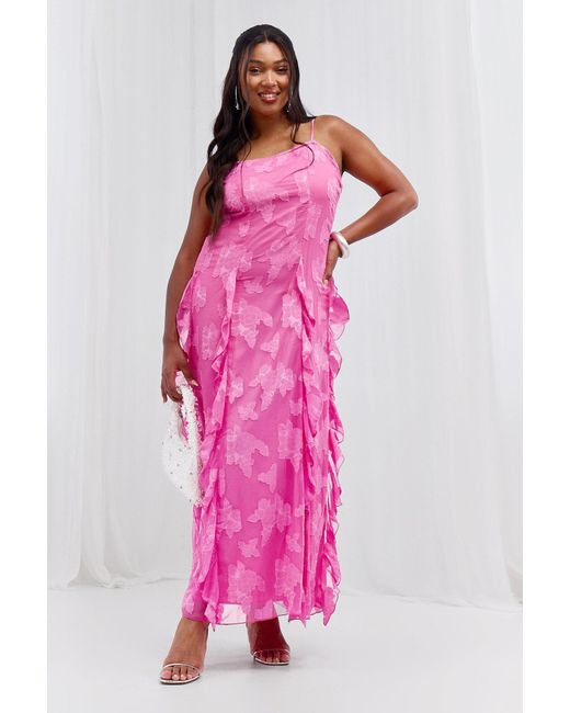 Boohoo Pink Plus Woven Jaquard Ruffle Detail Strappy Maxi Dress