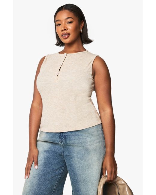 Boohoo Blue Plus Button Front Notch Top