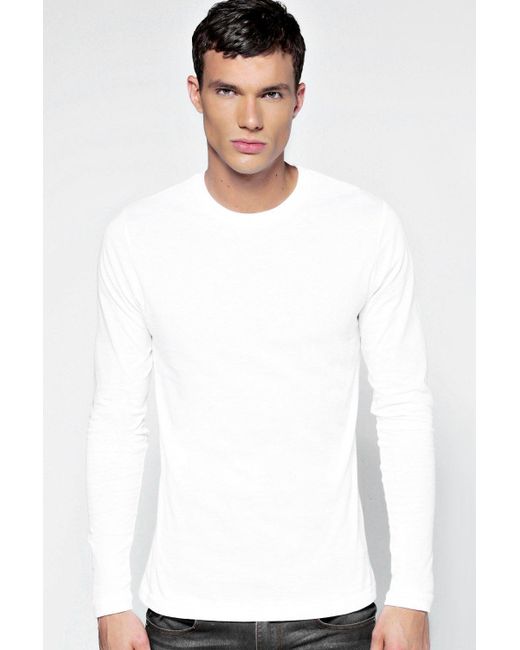 Boohoo Basic Long Sleeve Crew Neck T Shirt in White for Men | Lyst