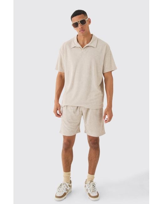 BoohooMAN Natural Oversized Revere Towelling Polo & Shorts Set for men