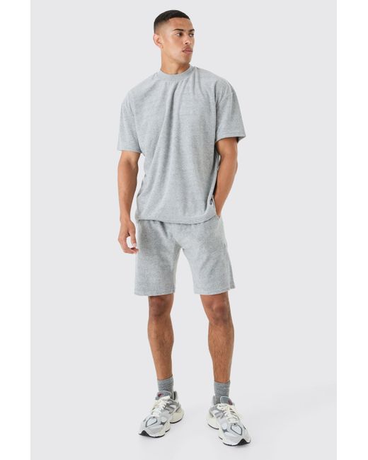 BoohooMAN Blue Oversized Extended Neck Towelling T-shirt & Short Set for men