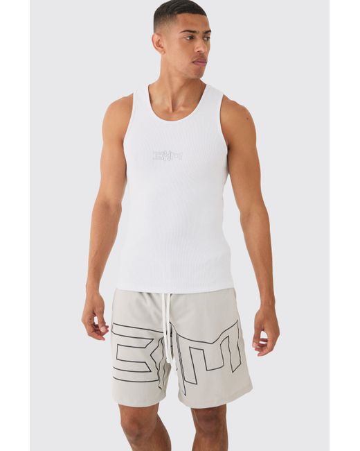 BoohooMAN White Muscle Fit Ribbed Tank & Mesh Basketball Set for men