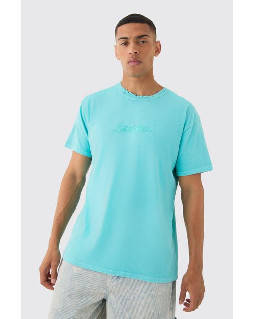 BoohooMAN Oversized Distressed Embroidered T-shirt in Blue für Herren