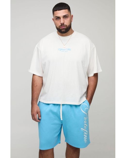 BoohooMAN White Plus Oversized Boxy Official Print T-Shirt & Relaxed Short Set for men